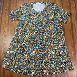 BCBG Generation Black Multicolor Floral Print Short Sleeve A-Line Flowy Dress L